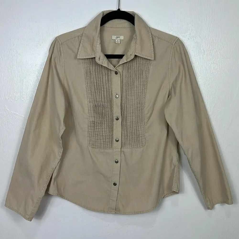 ❤️Last Chance JJill Beige Cotton Long Sleeve Button Front Tux Shirt Size S